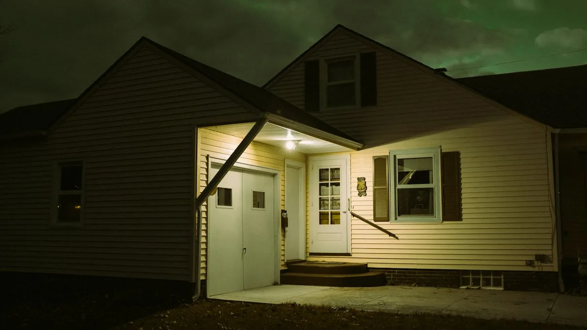 Casa de dois andares à noite com a entrada iluminada, cenário que um alarme com sensor de presença protege