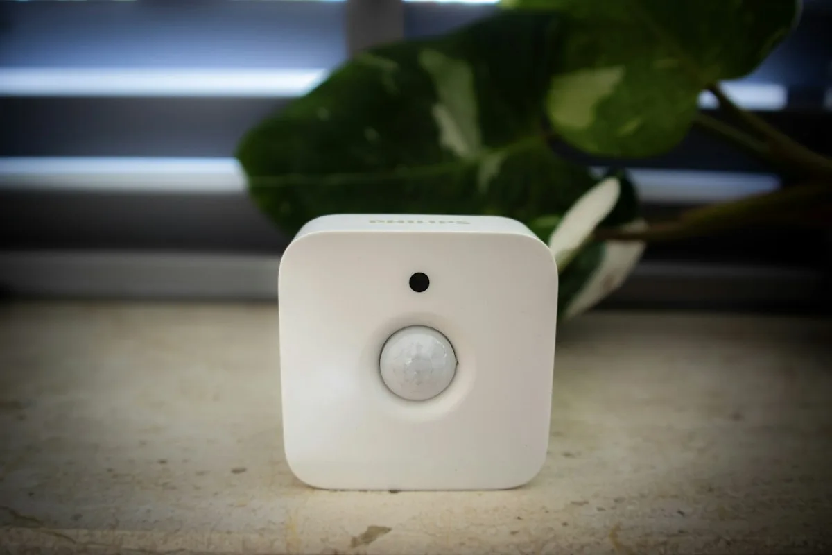 Sensor de presença branco ao lado de uma planta, peça central de um alarme com sensor de presença