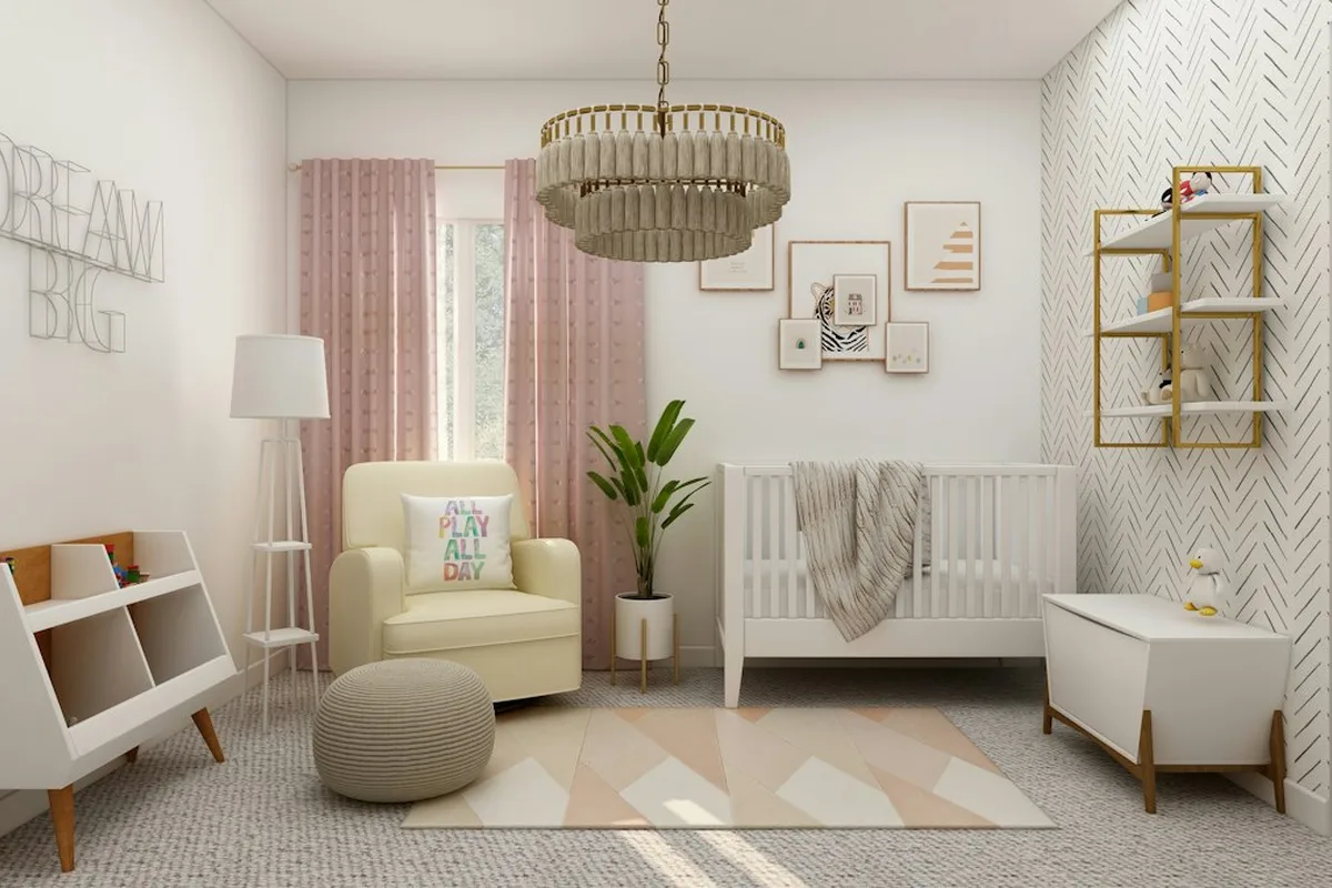Quarto de bebê aconchegante com berço e decoração clara, ambiente vigiado por uma babá eletrônica