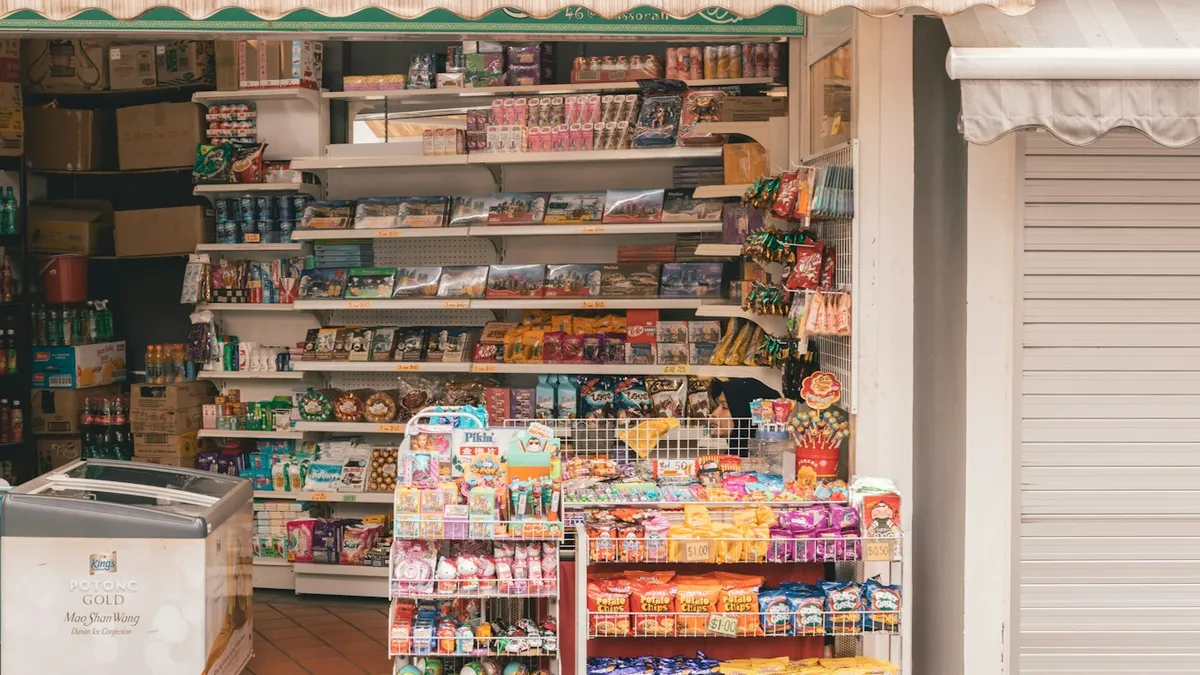 Fachada de pequeno comércio de rua com prateleiras de produtos, local típico para vigilância por câmera