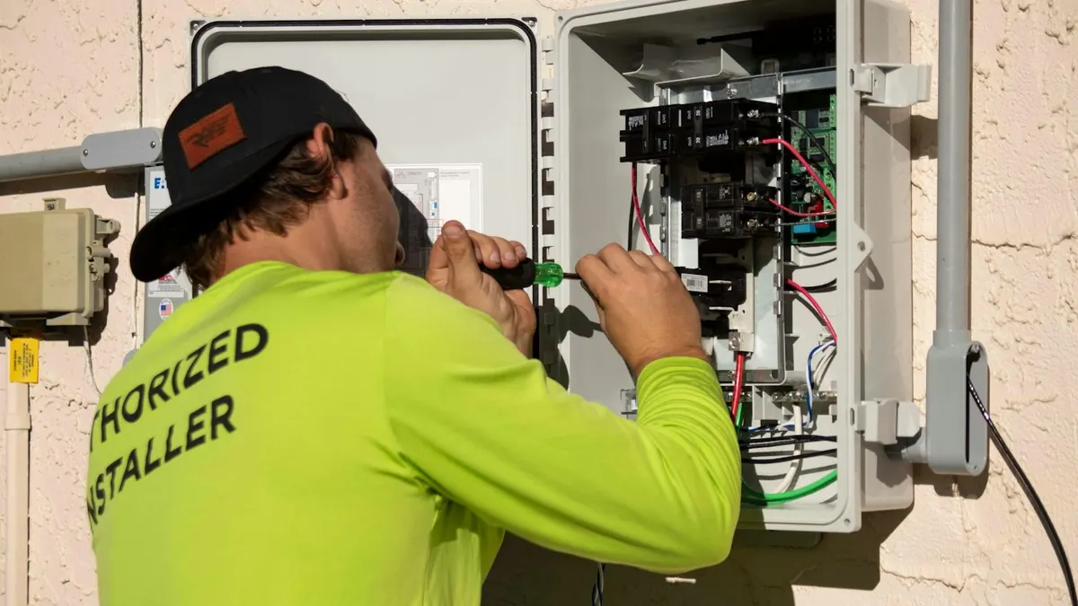 Técnico de camisa verde instalando equipamento elétrico em caixa na parede