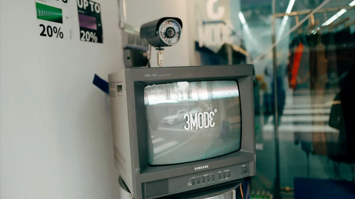 Monitor antigo exibindo imagem de câmera em uma loja