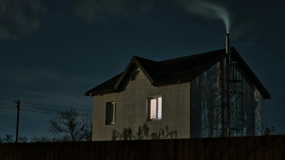 Casa moderna de concreto fotografada à noite com iluminação externa