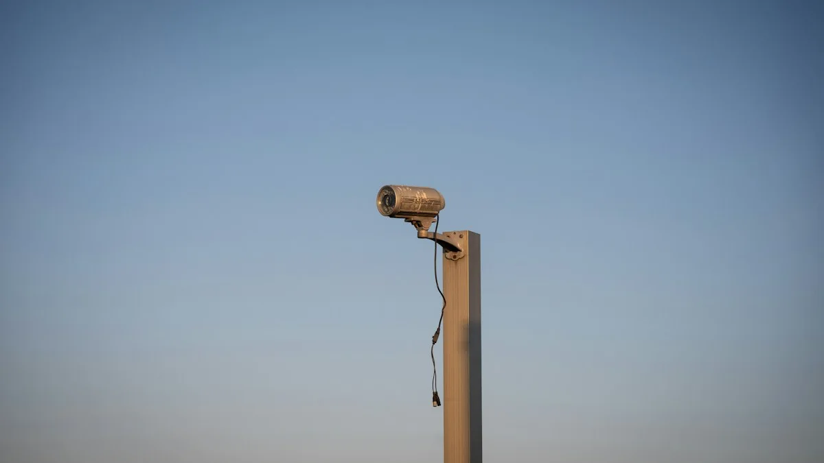 Câmera de segurança instalada no alto de um poste contra o céu
