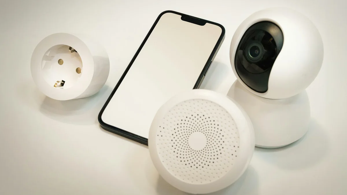 Celular e câmera de segurança sobre uma mesa