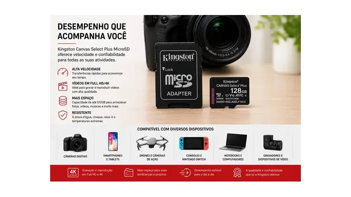 Cartão de Memória Kingston Select Plus 128GB com Adaptador — foto 4 de 4