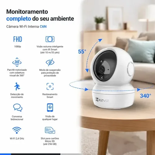Câmera Wi-Fi Interna Ezviz C6N 2MP Full HD 360° — foto 4 de 5