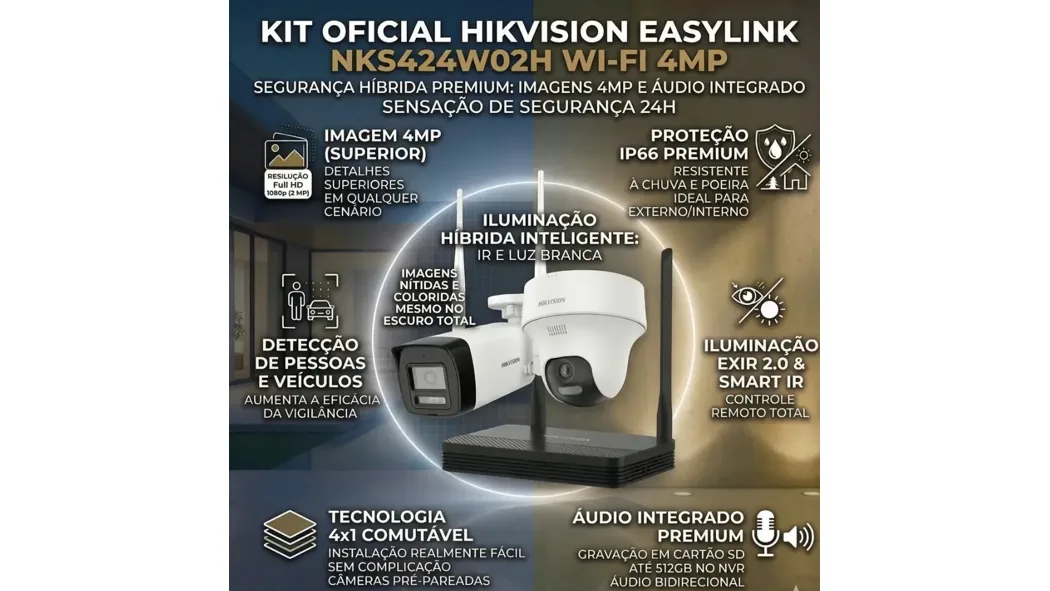 Kit Oficial Hikvision Easylink NKS424W02H Wi-Fi 4MP (2 Câmeras + NVR) — foto 1 de 5