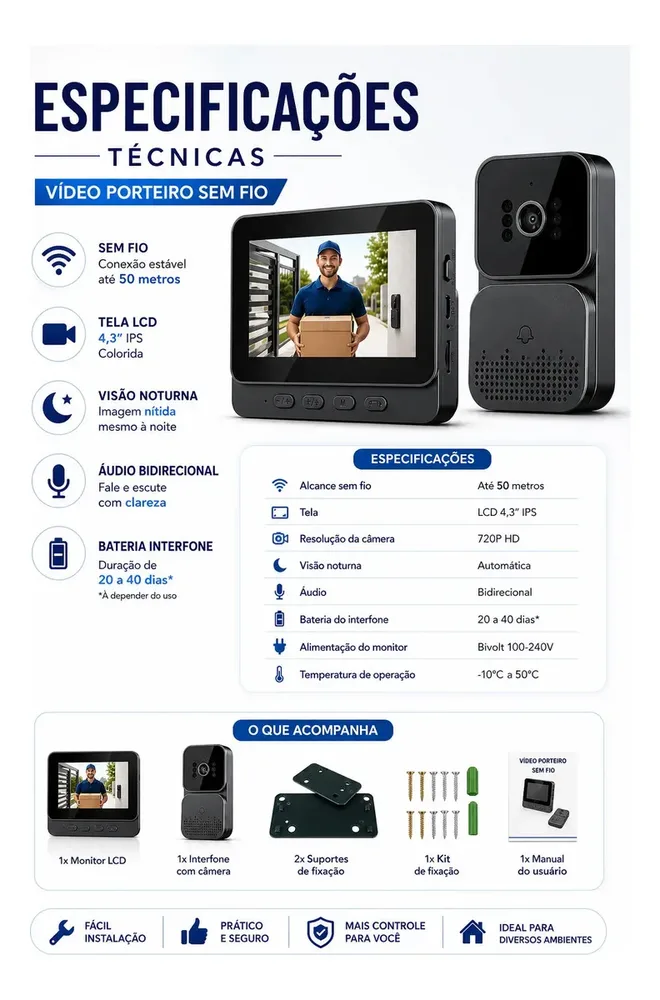 Vídeo Porteiro Campainha com Áudio Monitor Sem Fio Interfone Bidirecional Wireless Hd VLX — foto 3 de 3