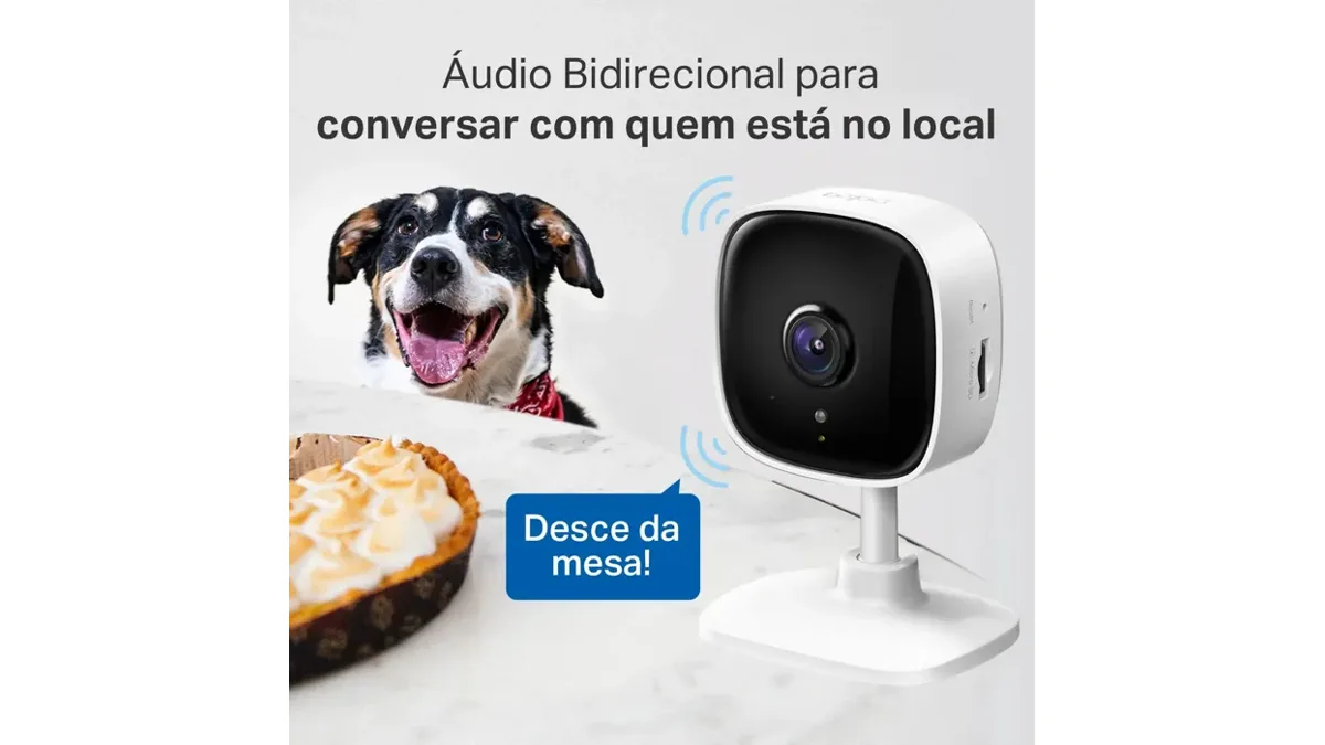 Arte do fabricante mostrando o áudio bidirecional da Tapo C100 com um cachorro na mesa e a frase Desce da mesa