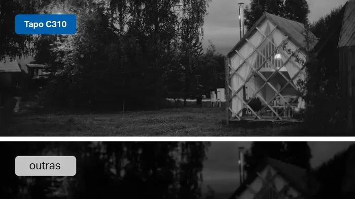 Comparativo de visão noturna: Tapo C310 mostra árvores e casa, outra câmera mostra imagem escura