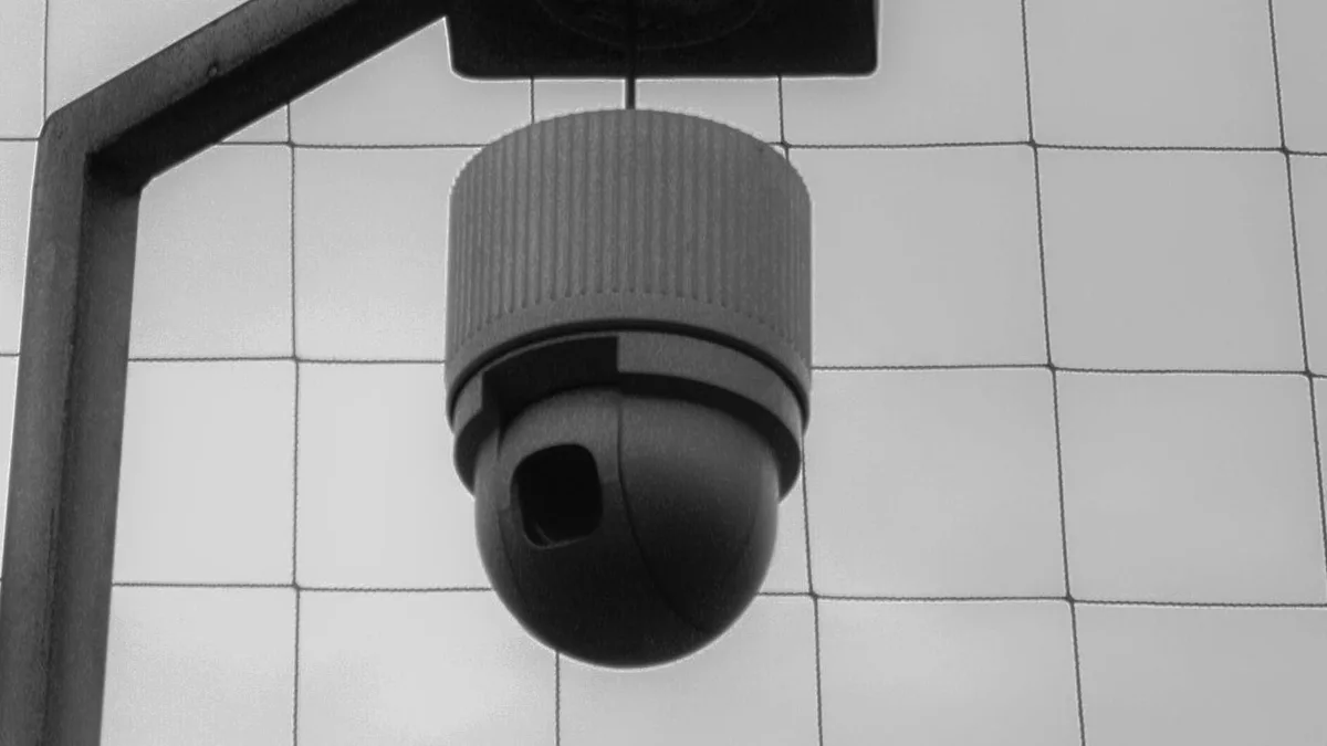 Câmera de segurança em cúpula presa a um poste, vista de baixo contra a parede