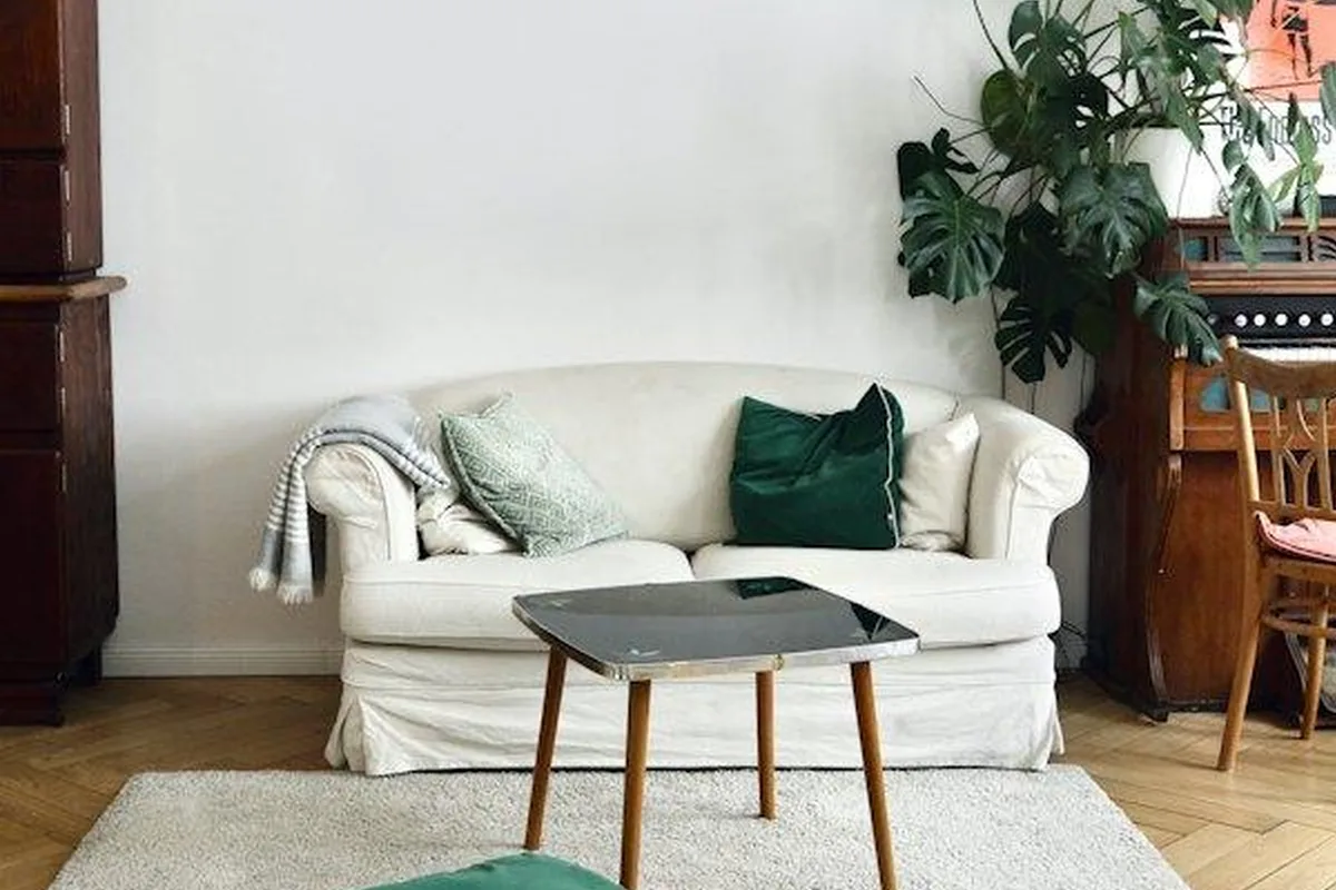 Sala de estar clara com sofá branco, tapete e plantas, ambiente típico para uma câmera Xiaomi C200